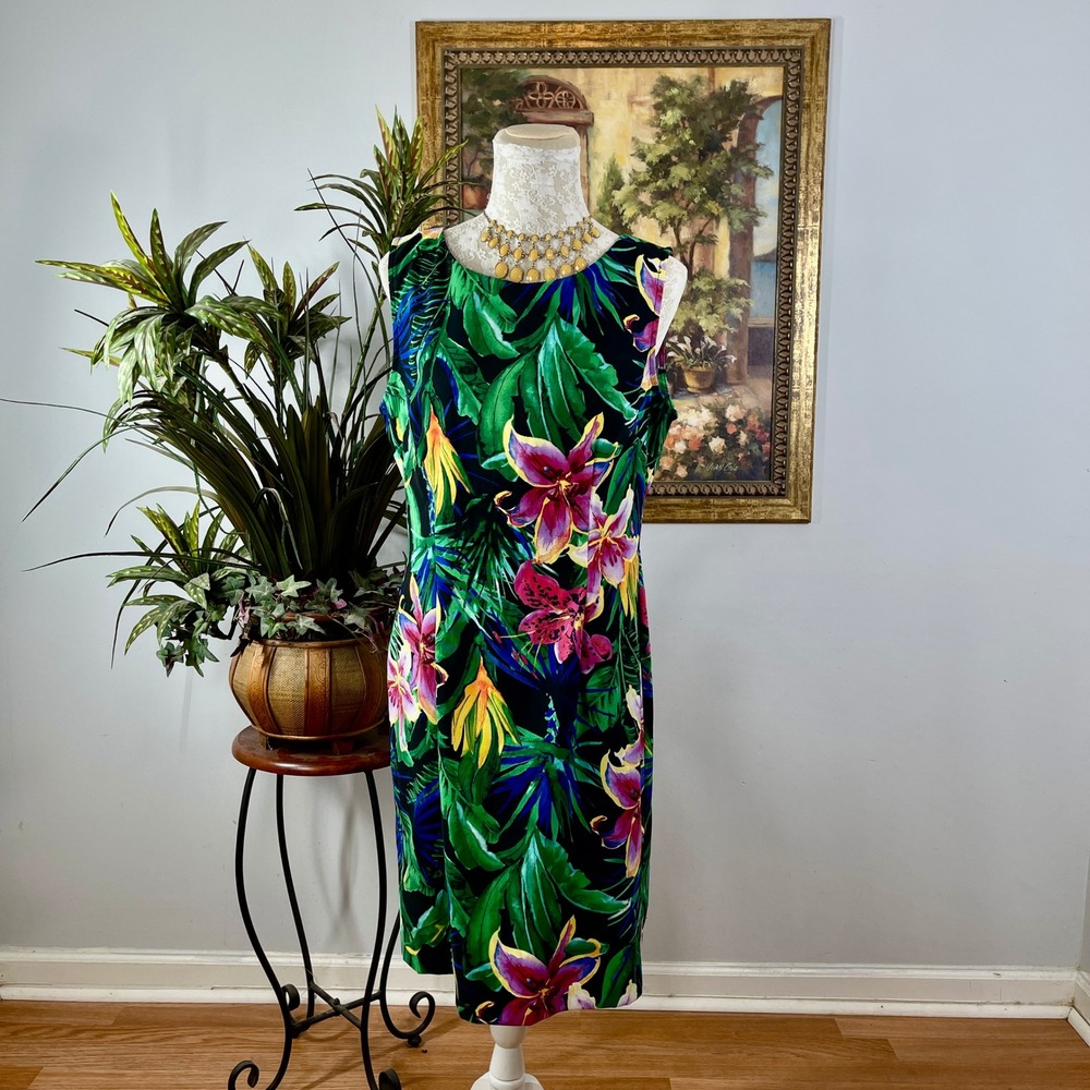 Connected Apparel Sheath Dress Womens 12 Black Floral Poly Spandex Tropical